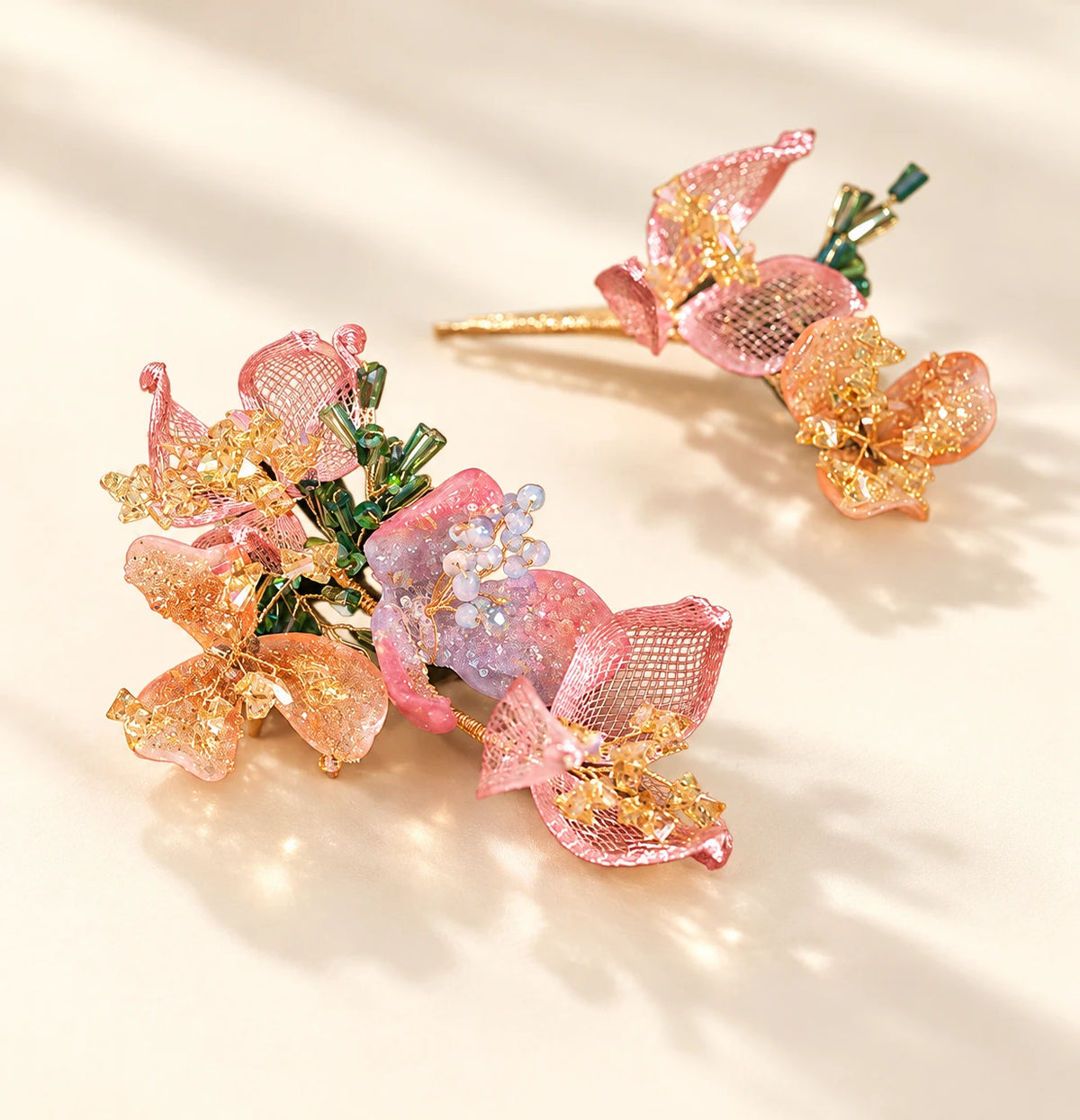 Peach Blossom pink floral hairpin pair close-up