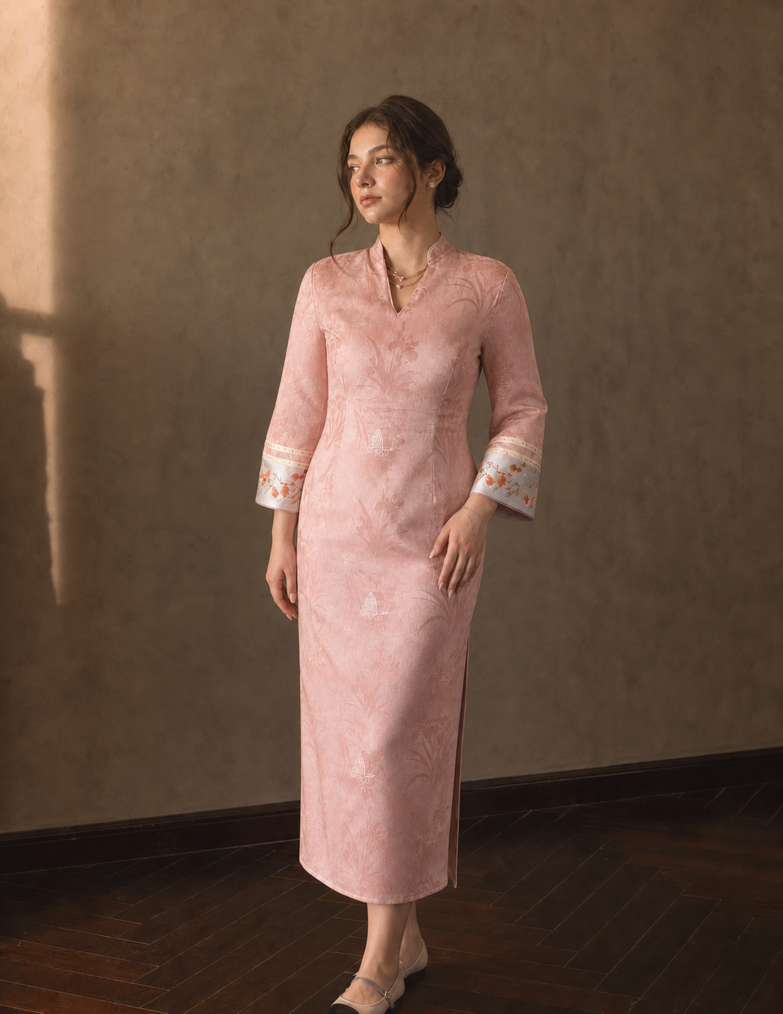 Peach Oolong floral plus size qipao dress, Western model full-length view