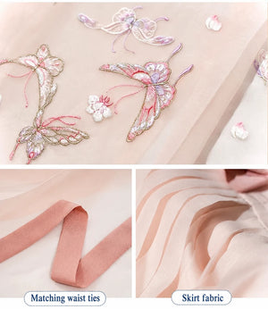 Peach-pink butterfly mamian skirt detail collage showing embroidery, matching waist ties and sheer fabric