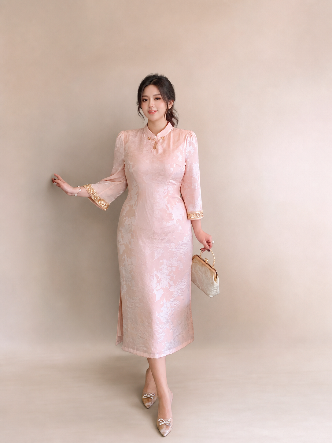 Pearl blush jacquard plus size qipao dress on a young East Asian model, full-length front view