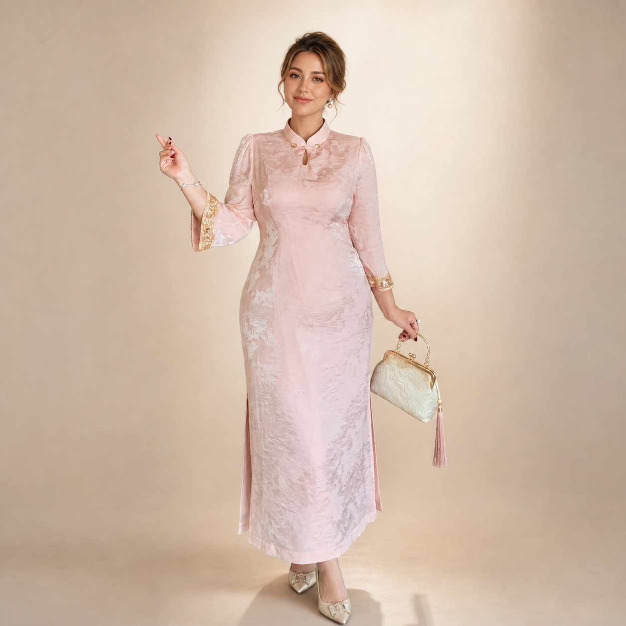 Pearl blush jacquard plus size qipao dress on a young Western model, full-length view