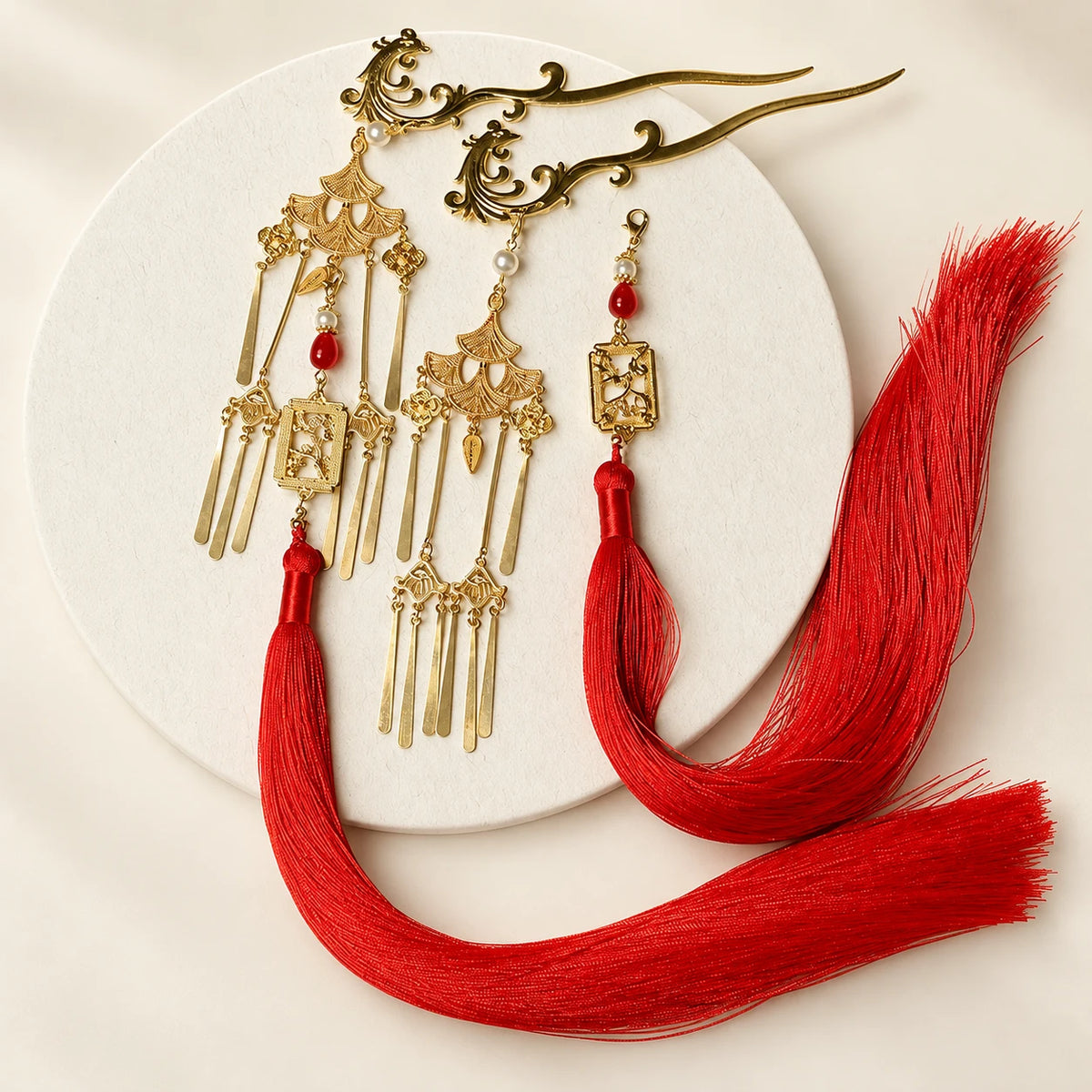 Phoenix hairpin with detachable red tassels