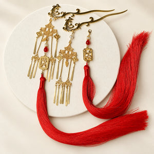 Phoenix hairpin with detachable red tassels