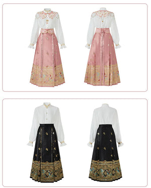 Pink and black magpie mamian skirts with white Hanfu blouses, shown in front and back garment displays