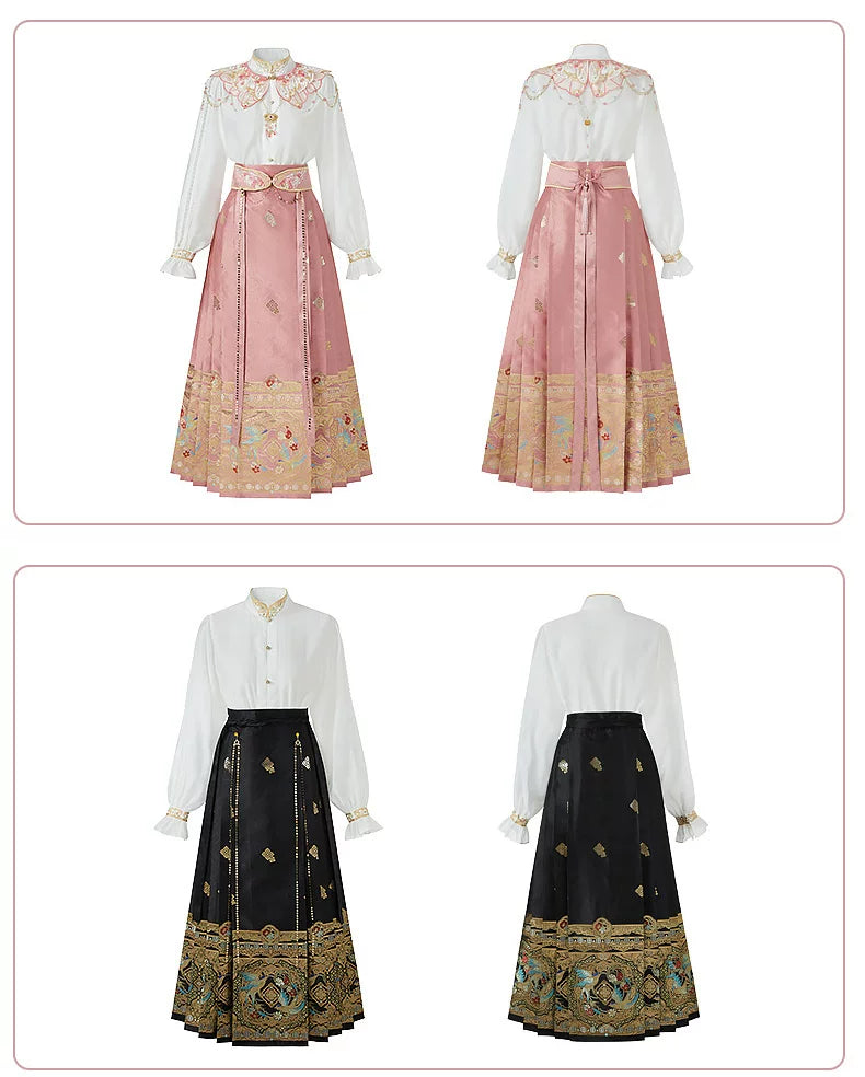 Pink and black magpie mamian skirts with white Hanfu blouses, shown in front and back garment displays