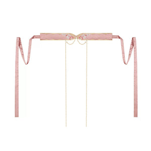 Pink decorative Hanfu waist belt displayed flat with long ties and hanging chains