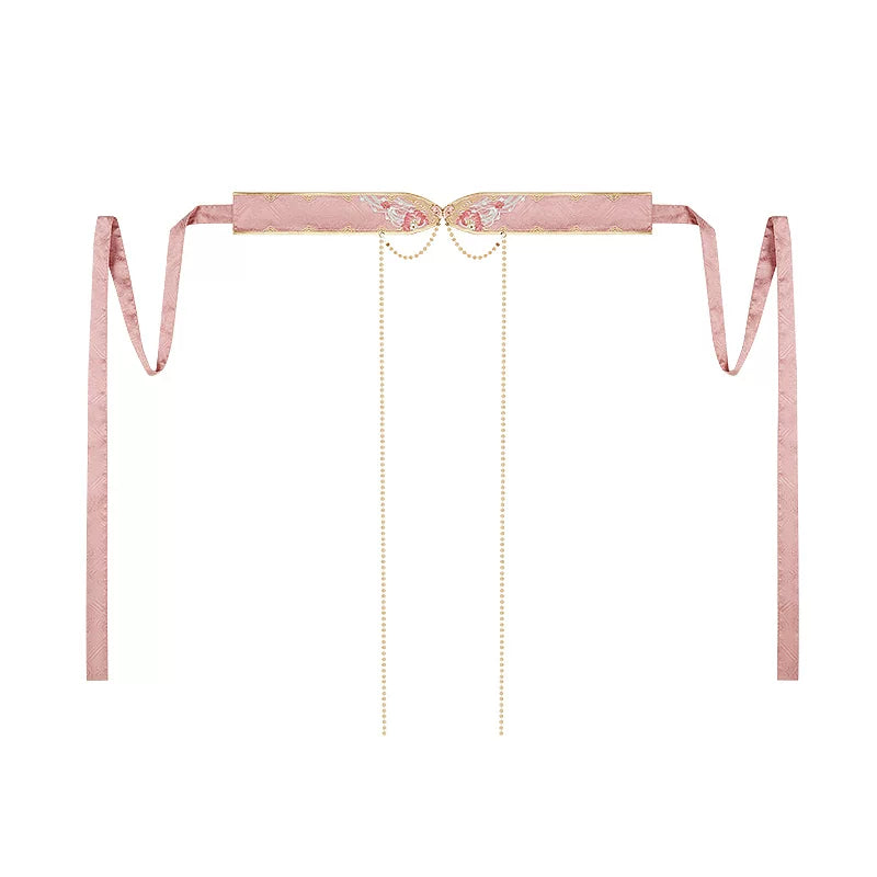 Pink decorative Hanfu waist belt displayed flat with long ties and hanging chains