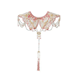 Pink floral Hanfu cloud collar with bead chains and a long hanging pendant