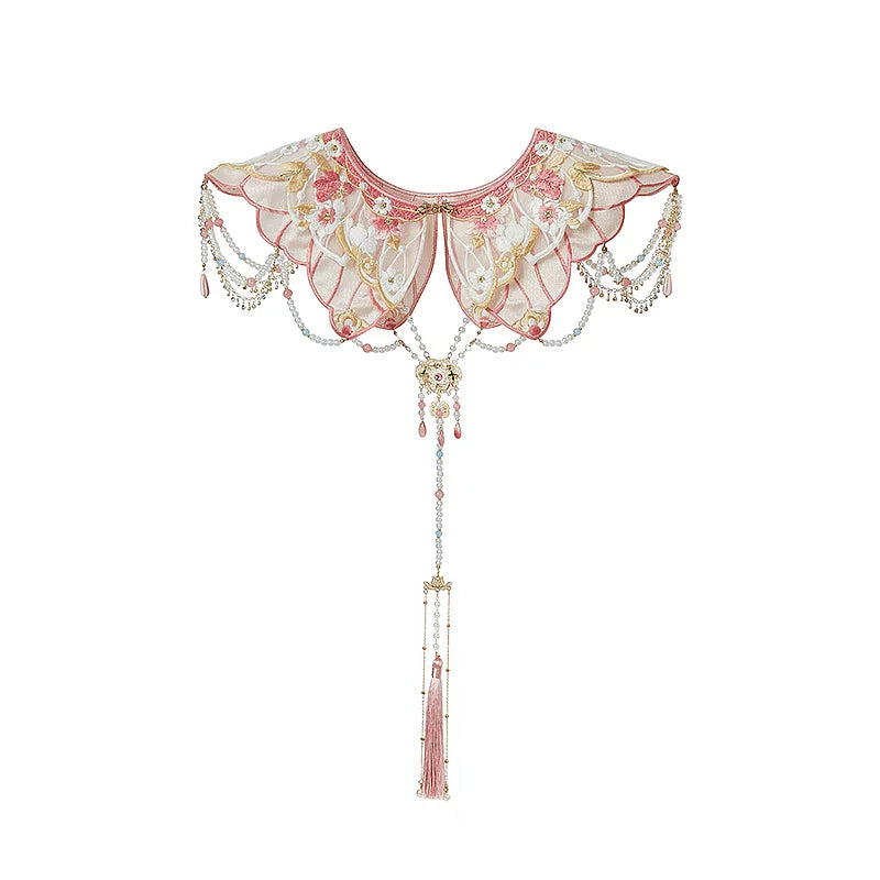 Pink floral Hanfu cloud collar with bead chains and a long hanging pendant