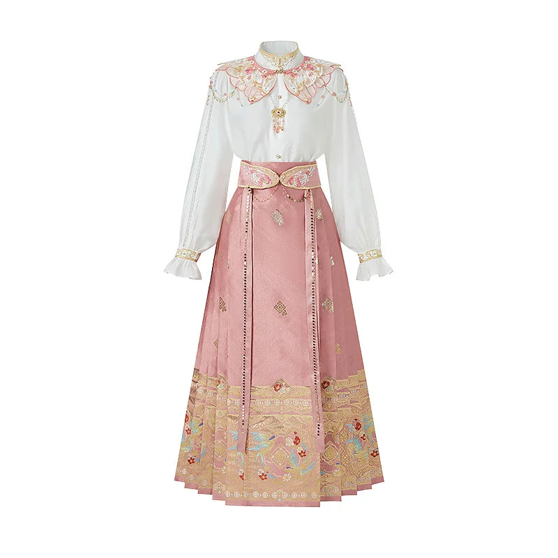 Pink four-piece Hanfu set with blouse, mamian skirt, cloud collar and waist belt