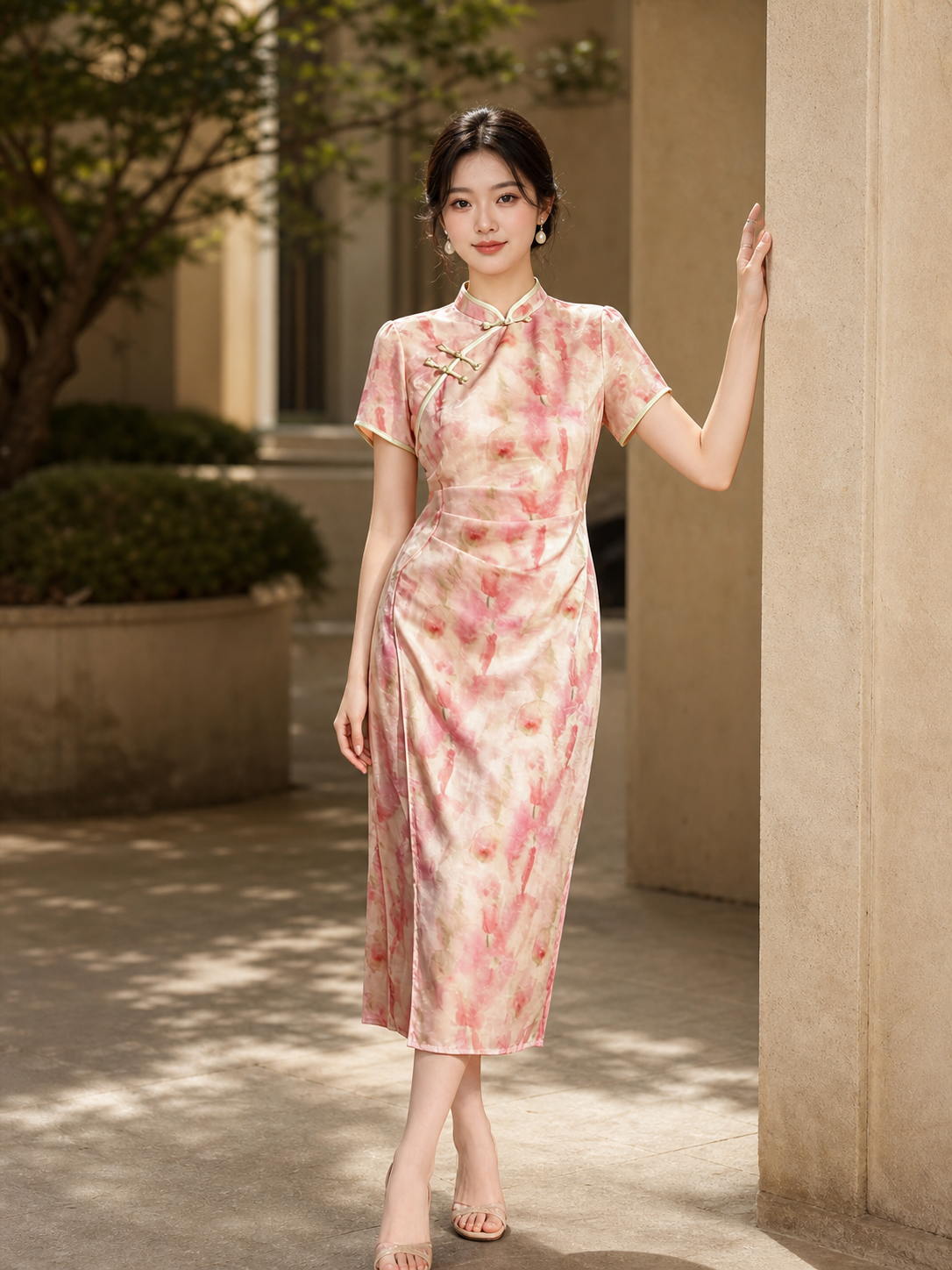 Pink ink-wash plus size cheongsam hero full view