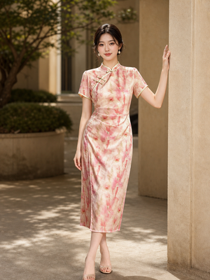 Pink ink-wash plus size cheongsam hero full view