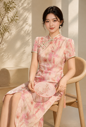 Pink ink-wash qipao seated fit and slit view