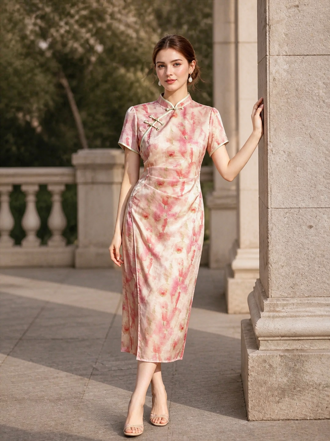 Pink ink-wash plus size cheongsam Western model full view