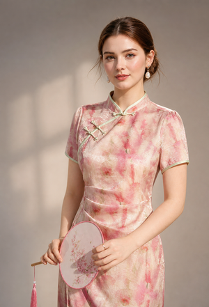 Pink cheongsam pearl frog closure and pleated waist detail