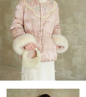 Silhouette and fit view of the Pink-Lilac jacquard down jacket with fur trim, a contemporary New Chinese Style winter jacket.