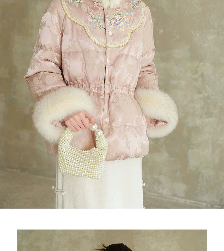 Silhouette and fit view of the Pink-Lilac jacquard down jacket with fur trim, a contemporary New Chinese Style winter jacket.