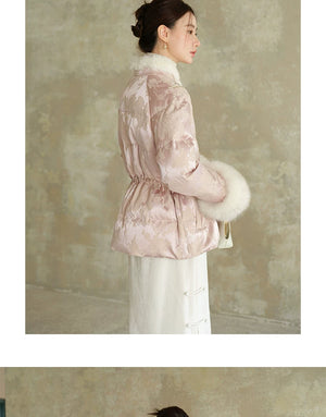Occasion styling image of the Pink-Lilac jacquard down jacket with fur trim, presented as an elegant New Chinese Style winter jacket.