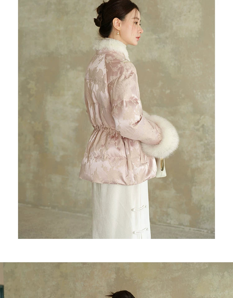 Occasion styling image of the Pink-Lilac jacquard down jacket with fur trim, presented as an elegant New Chinese Style winter jacket.
