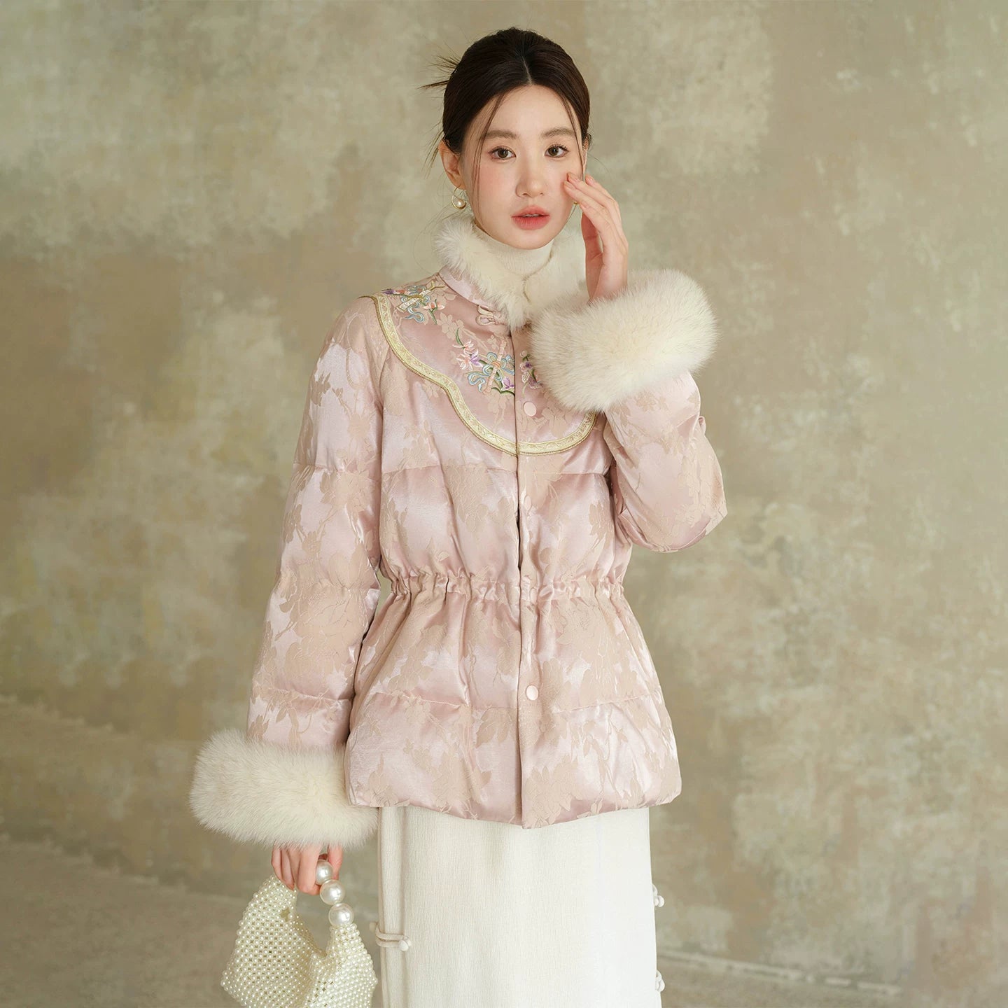Pink-Lilac jacquard down jacket with fur trim shown as a polished New Chinese Style winter jacket, highlighting jacquard shell, plush fur trim and warm cropped silhouette.