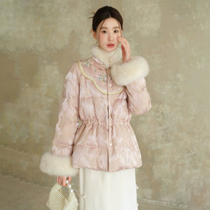Pink-Lilac jacquard down jacket with fur trim shown as a polished New Chinese Style winter jacket, highlighting jacquard shell, plush fur trim and warm cropped silhouette.