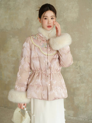 Pink-Lilac jacquard down jacket with fur trim shown as a polished New Chinese Style winter jacket, highlighting jacquard shell, plush fur trim and warm cropped silhouette.
