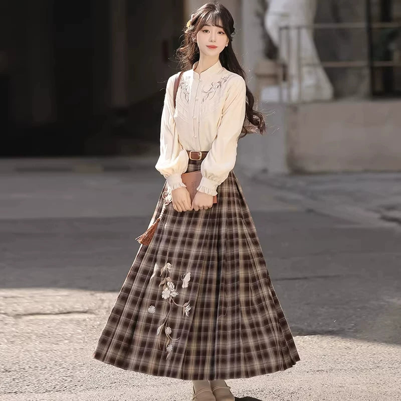Two-piece modern Hanfu outfit with ivory blouse and brown plaid skirt