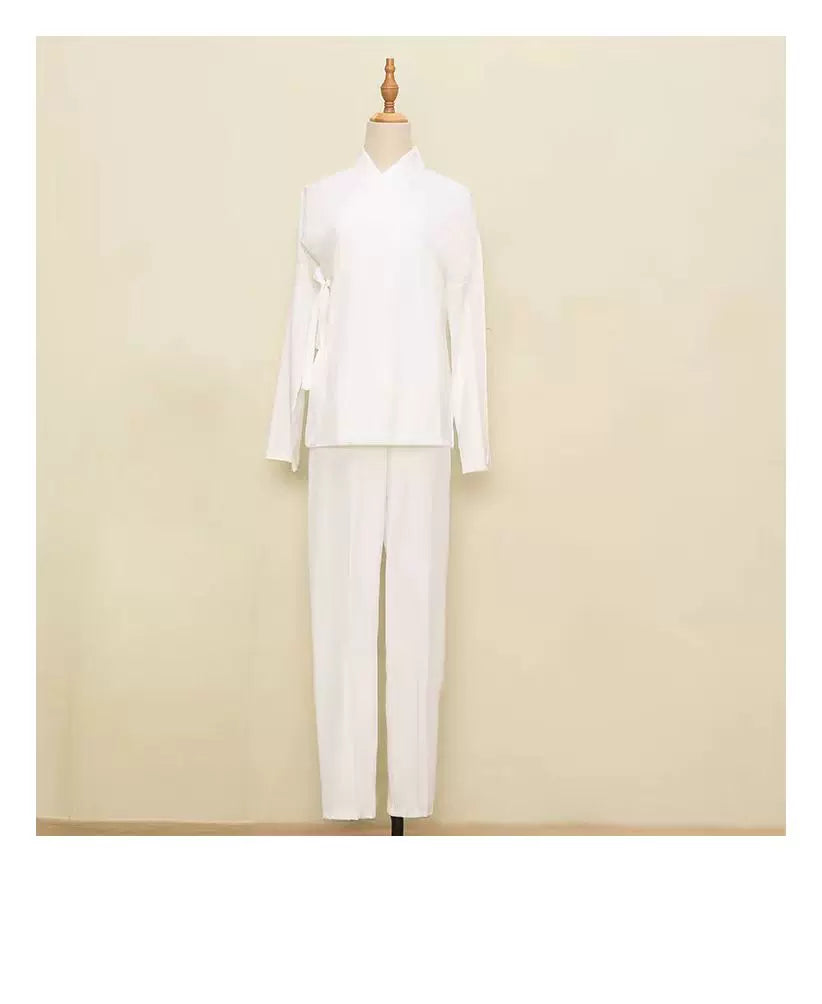 Plain white long-sleeve underlayer top and trousers for the Nanke Hanfu costume, shown on a mannequin