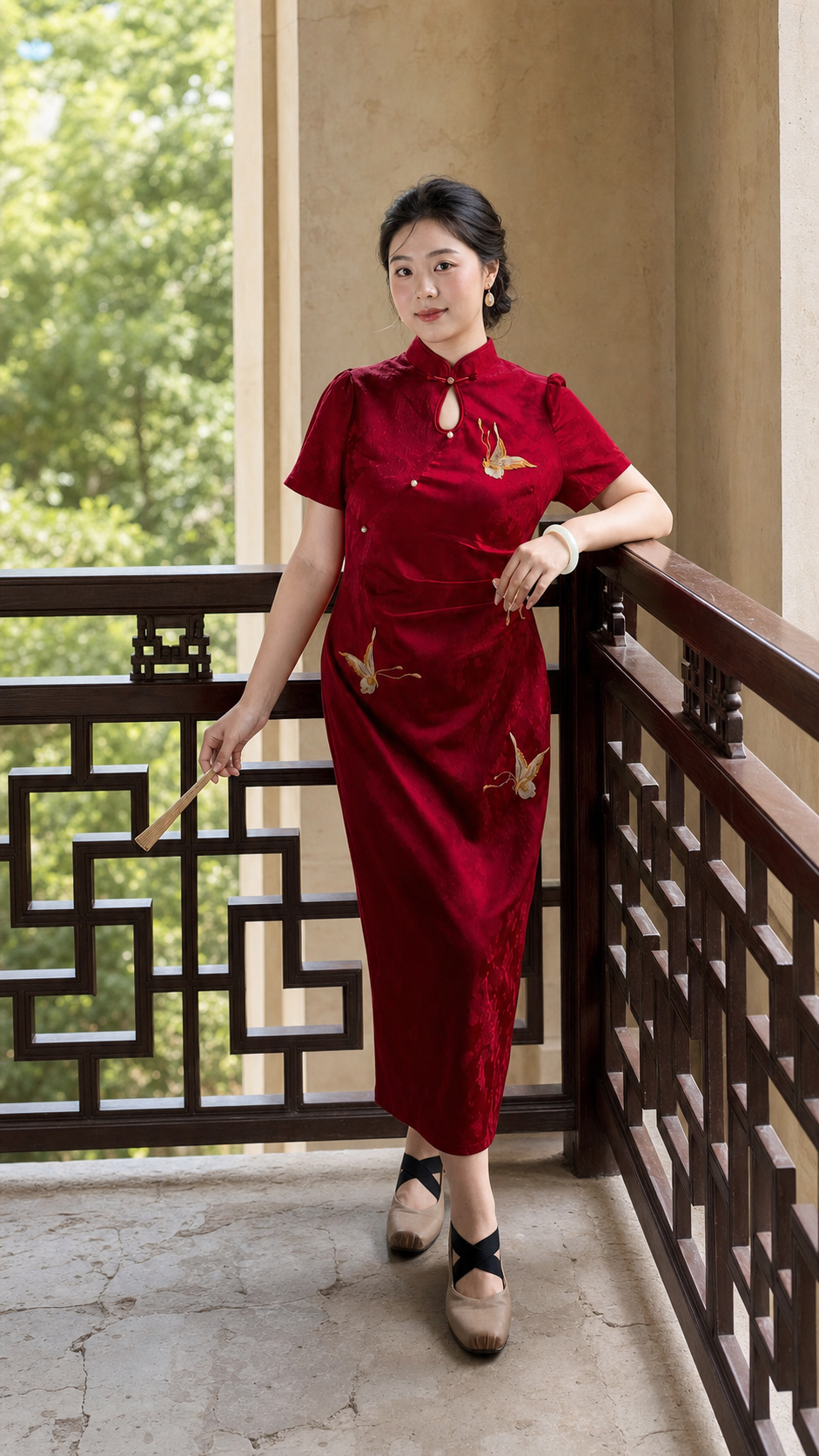 Plus size red butterfly jacquard cheongsam, full front editorial hero view