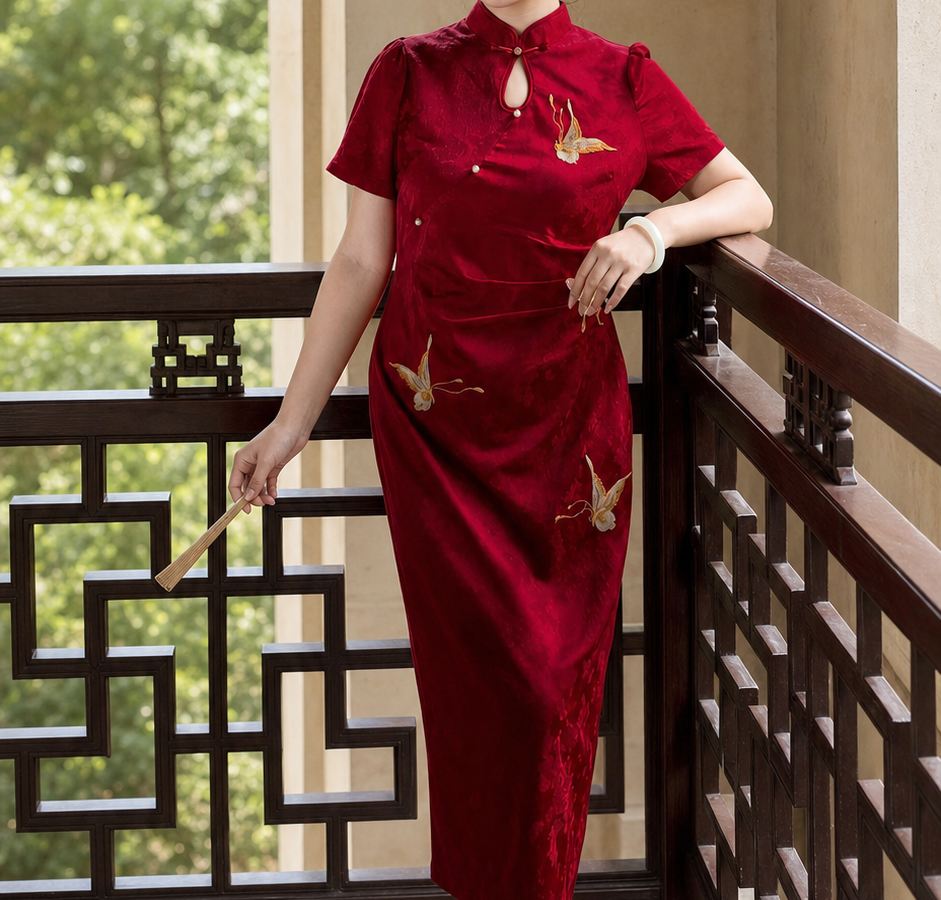 Red butterfly jacquard cheongsam detail showing keyhole collar, buttons and embroidery