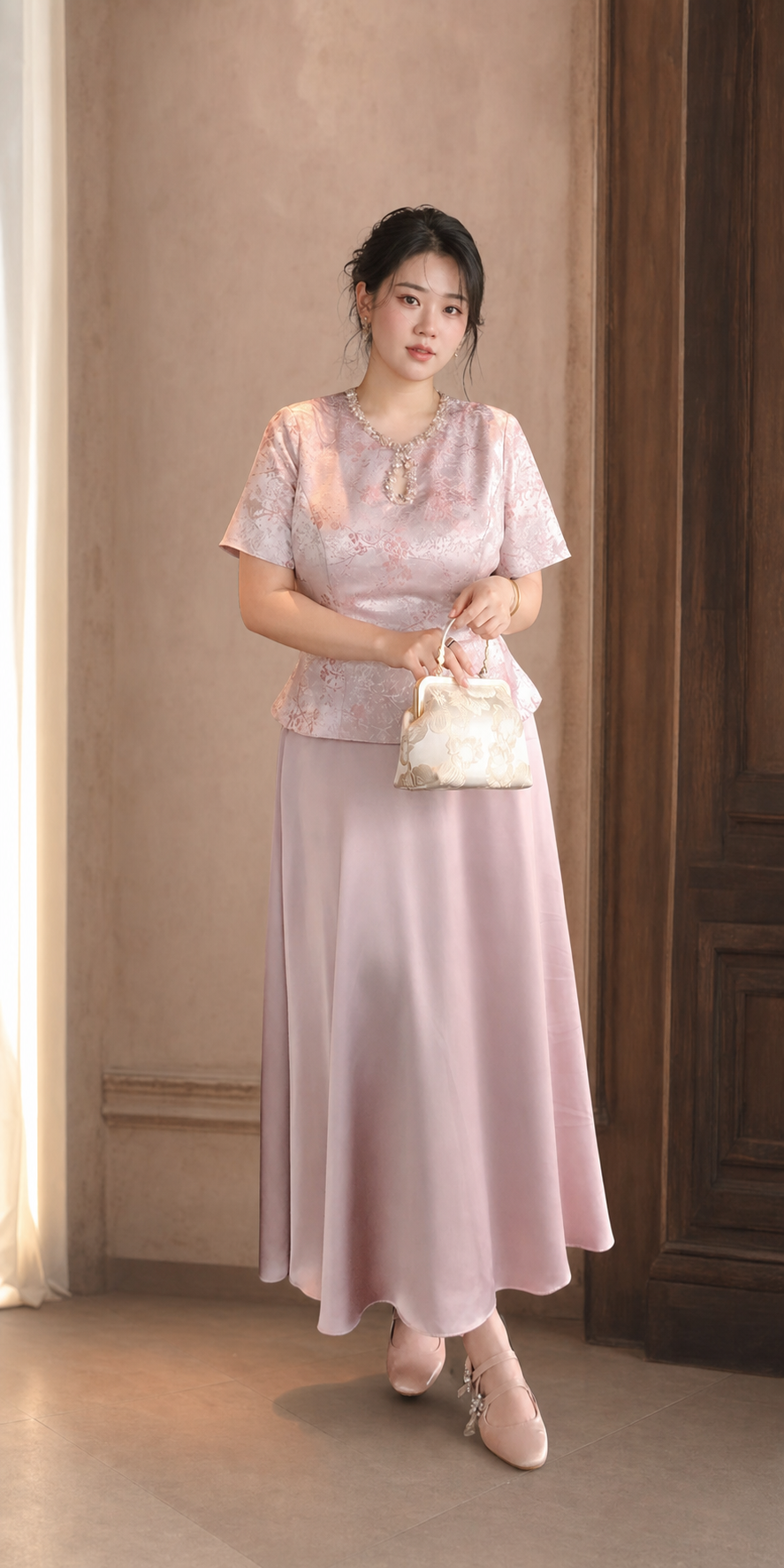 Plus size Chinese engagement skirt set in pink, full front editorial view
