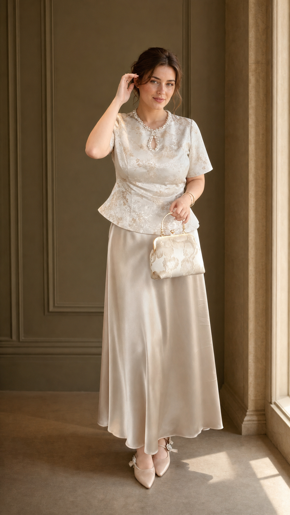 Plus size Chinese engagement skirt set in champagne, full view on Western model