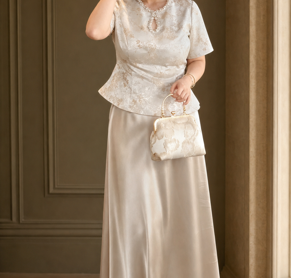 Champagne Chinese engagement outfit detail showing jacquard top, keyhole neckline and skirt sheen