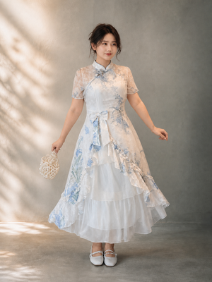 Plus size faux two-piece Chinese dress in blue, full front editorial view