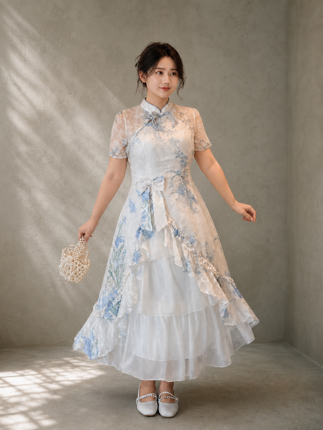 Plus size faux two-piece Chinese dress in blue, alternate standing view