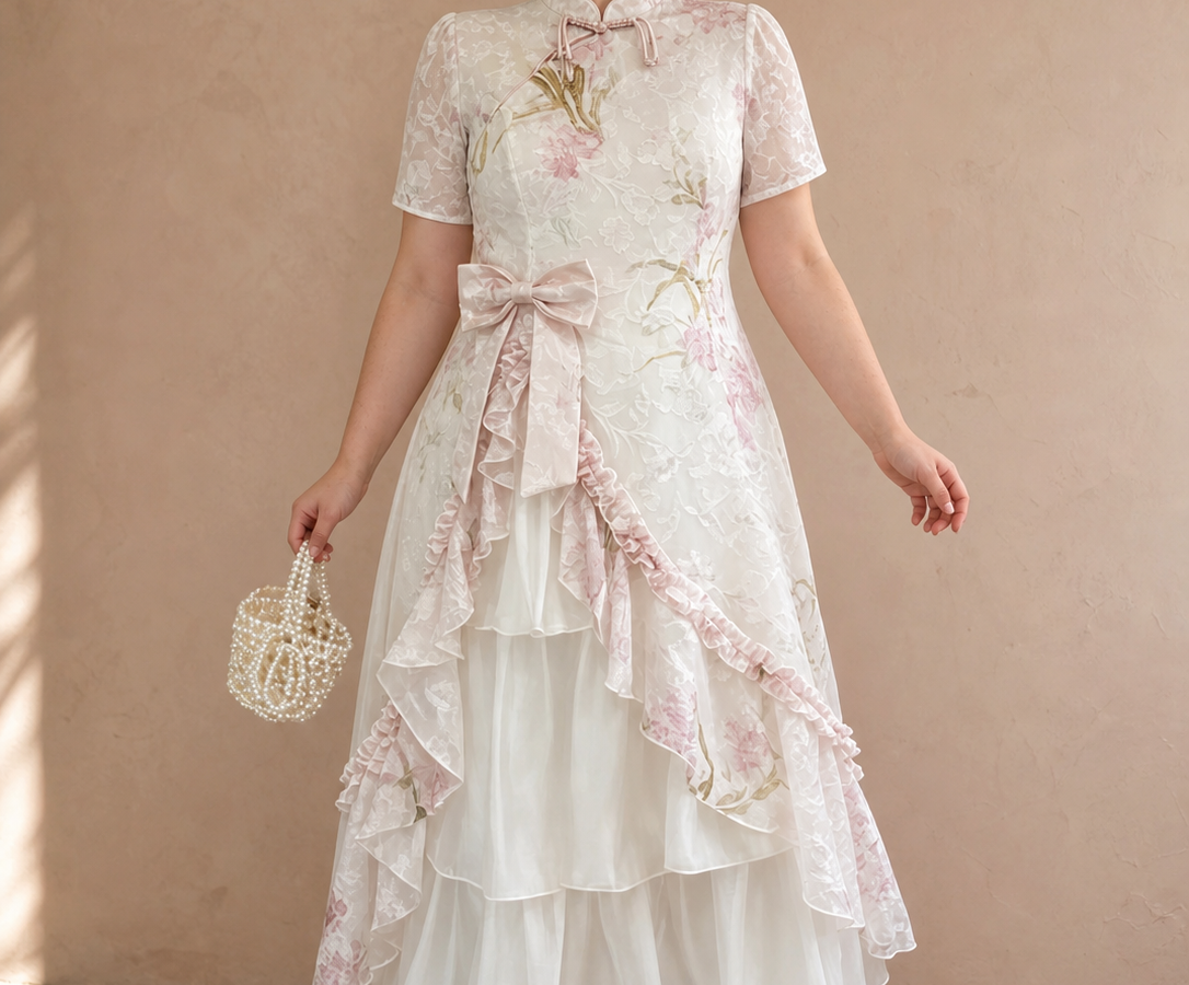 Pink faux two-piece Chinese dress close detail of collar bow, waist bow and ruffle layers
