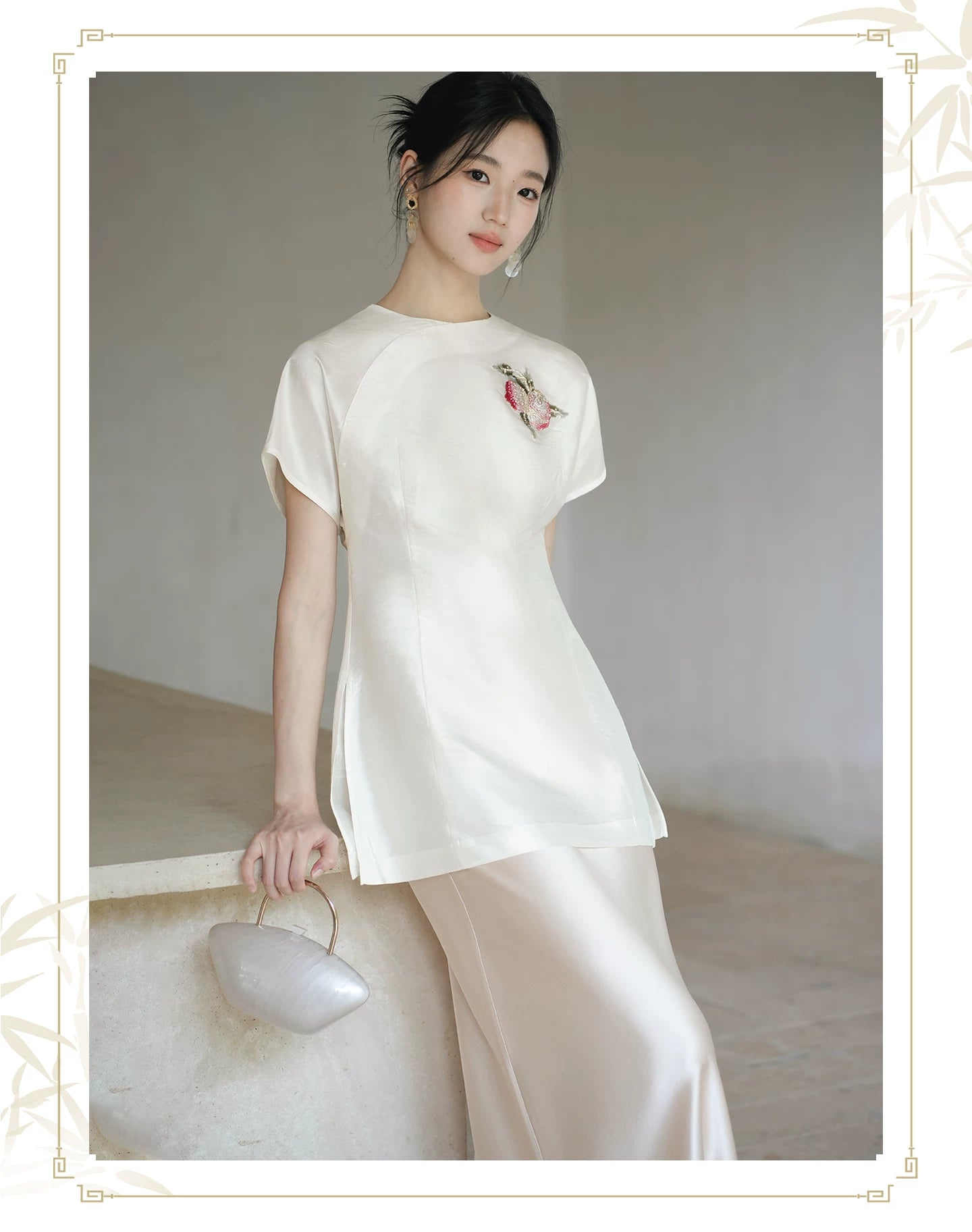 Design view of the Porcelain-Moon mulberry silk top and champagne skirt, highlighting mulberry silk top, champagne skirt and refined Chinese-inspired styling.