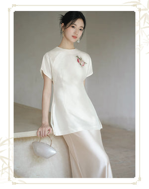 Design view of the Porcelain-Moon mulberry silk top and champagne skirt, highlighting mulberry silk top, champagne skirt and refined Chinese-inspired styling.