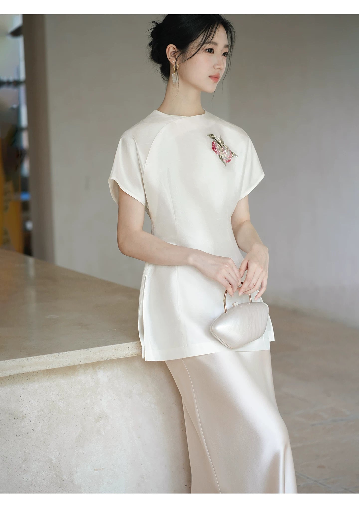 Silhouette and fit view of the Porcelain-Moon mulberry silk top and champagne skirt, a contemporary New Chinese Style silk outfit.