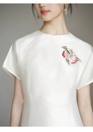 Front styling view of the Porcelain-Moon mulberry silk top and champagne skirt, with mulberry silk top, champagne skirt and refined Chinese-inspired styling.