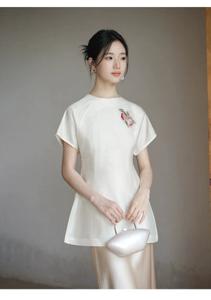 Porcelain-Moon mulberry silk top and champagne skirt styled to show its fit and drape, including mulberry silk top, champagne skirt and refined Chinese-inspired styling.