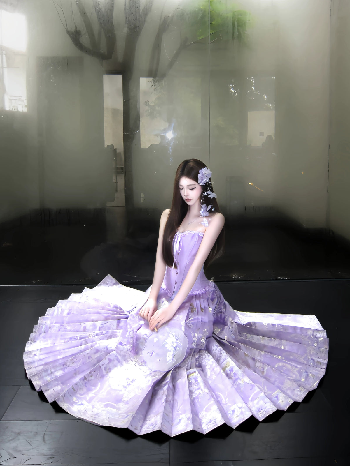 Purple and gold brocade skirt styled with a matching top