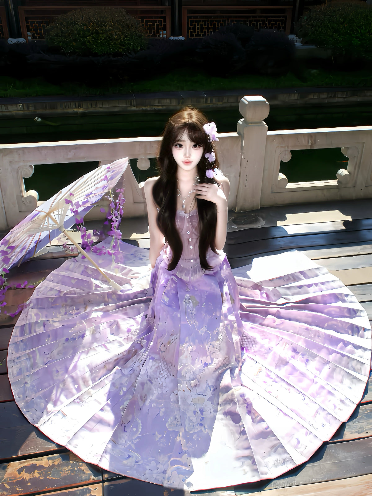 Purple butterfly brocade mamian skirt worn outdoors