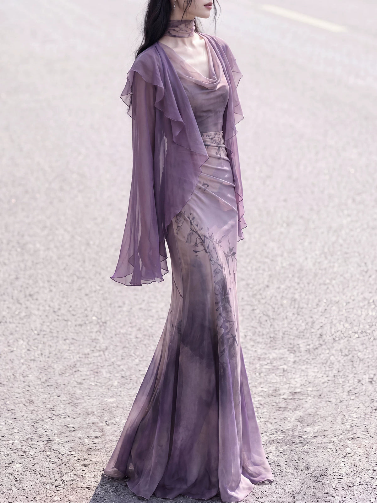 Purple cowl-neck knit dress styled with a flared-sleeve cardigan