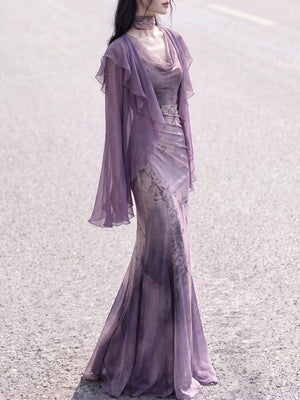 Purple cowl-neck knit dress styled with a flared-sleeve cardigan