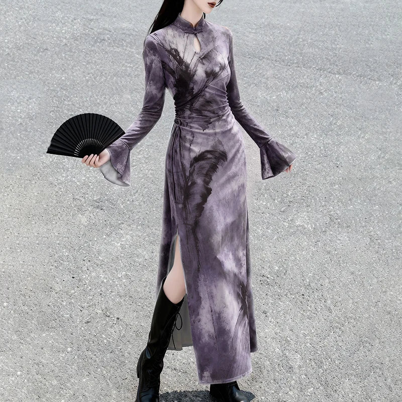 Purple ink butterfly cheongsam full-length view