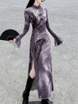 Purple ink butterfly knit qipao with bell sleeves and side slit