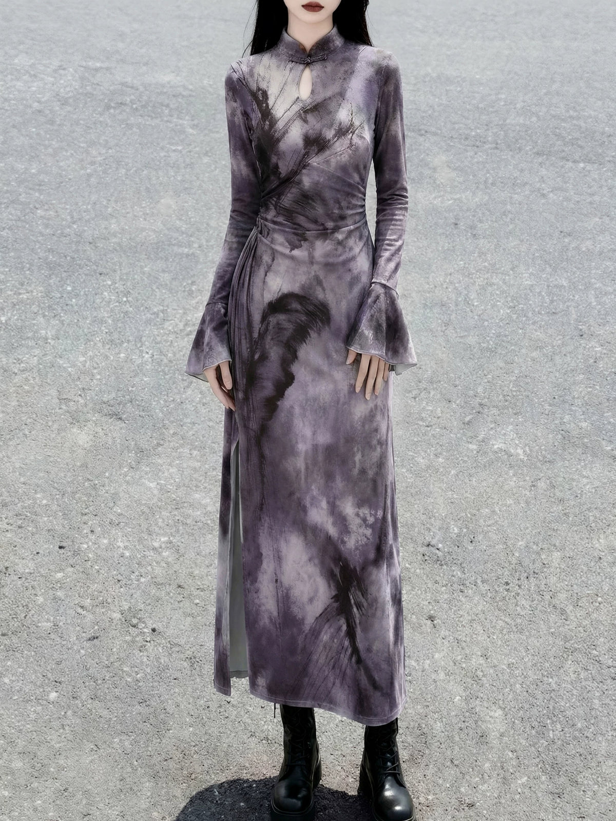 Purple ink print long knit qipao straight front view
