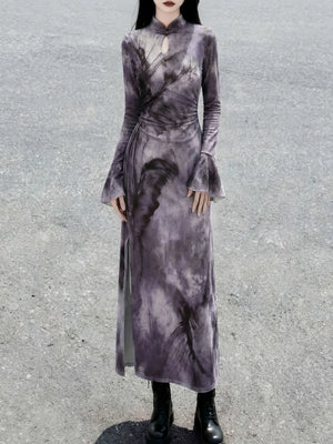 Purple ink print long knit qipao straight front view