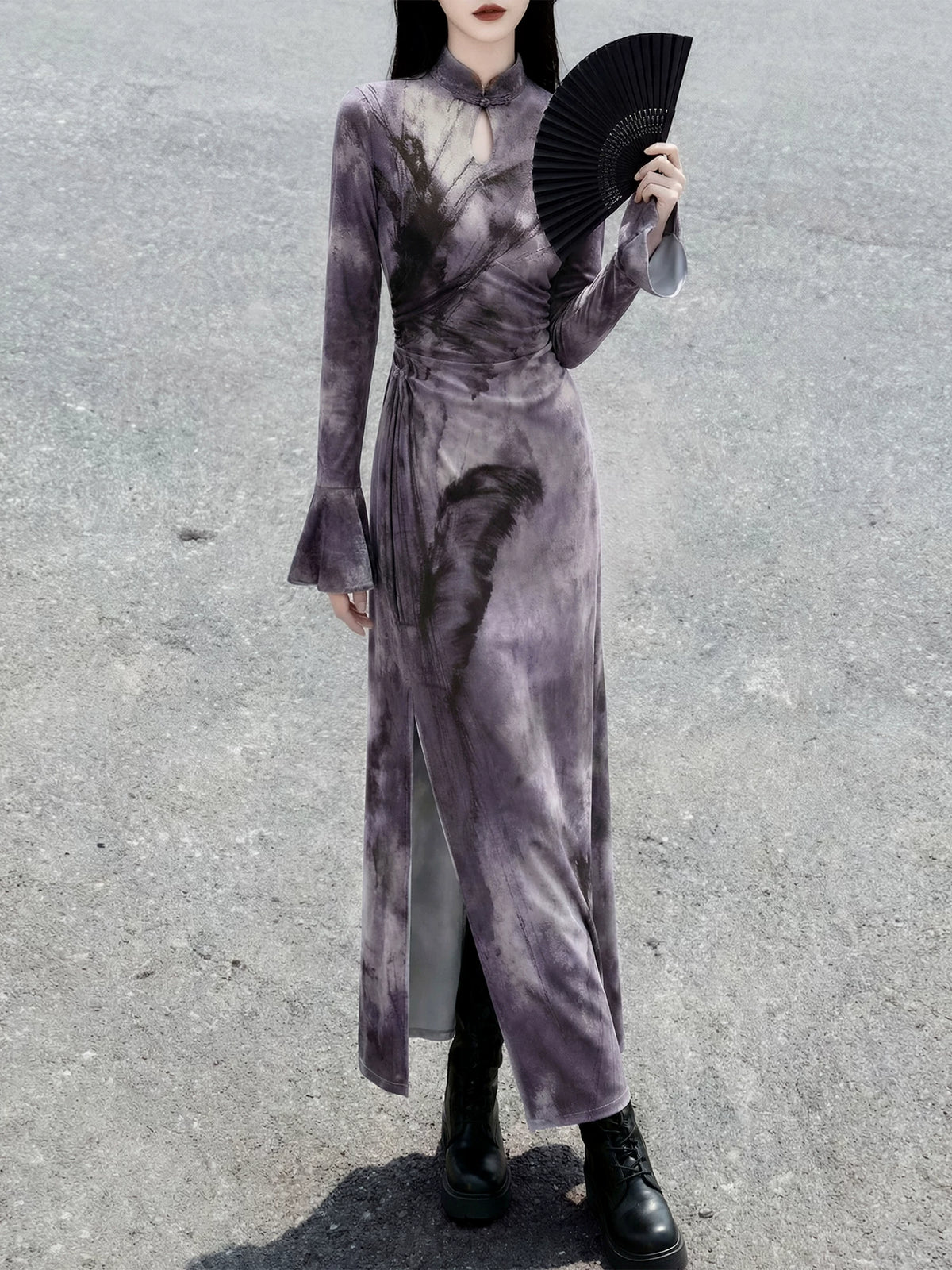 Purple ink-wash qipao styled with a black fan